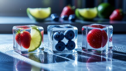Fruit in ice cubes on reflective surface