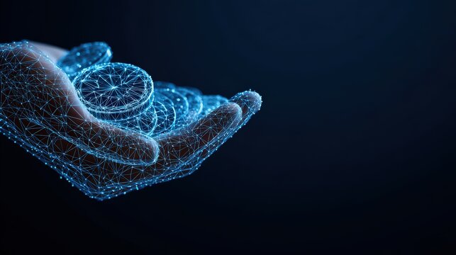 A digital rendering of a hand delicately cradling digital currency tokens, set against a dark, futuristic backdrop. ..Created with Generative AI, not depicting real subjects.