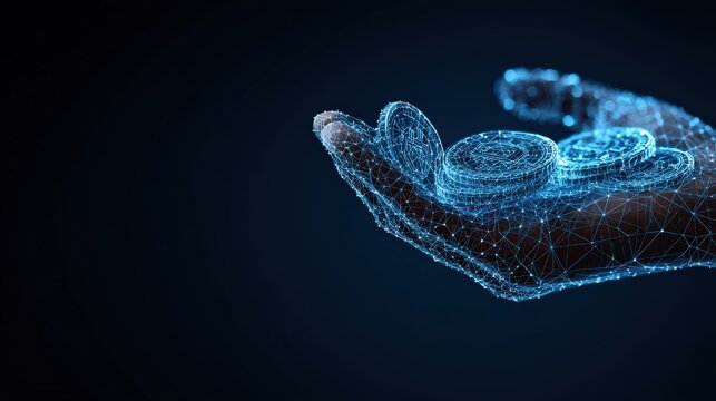 A digital hand holds glowing coins, set against a dark blue background. Reflecting financial concept.  ..Created with Generative AI, not depicting real subjects. - Powered by Adobe