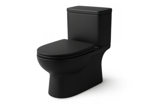 Black matte ceramic toilet featuring a water tank and closed seat. Contemporary sanitary ware for home or commercial restrooms