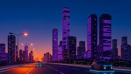 Futuristic city street at night with autonomous electric vehicles.