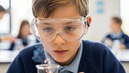 Young boy in safety goggles focused on a science experiment in class.