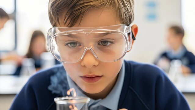 Young boy in safety goggles focused on a science experiment in class.