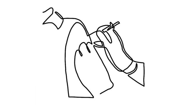Continue line animation of doctor injecting a patient, getting first shot of vaccine in arm muscle