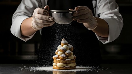 Chef sifts powdered sugar over a beautifully crafted pastry tower.