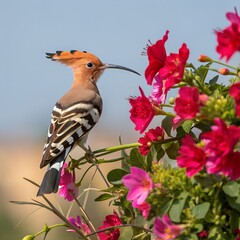 A beautiful hoopoe sitting on ripe pink and red flowers, clear with a beautiful background.