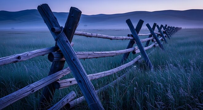 Rustic wooden fence stretches across a misty, twilight landscape with mountains in the distance, evoking a serene and tranquil rural scene. - Powered by Adobe