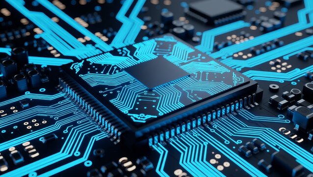 Glowing blue circuit board with microchip