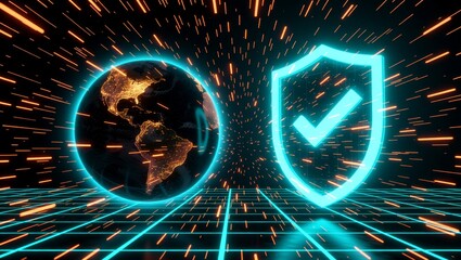 Globe and shield with checkmark on digital grid