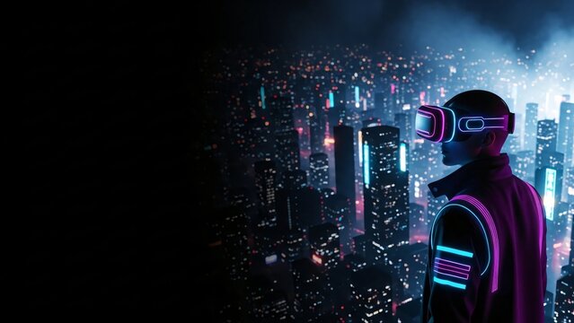 A person wearing a virtual reality headset overlooks a neon-lit futuristic city at night. - Powered by Adobe