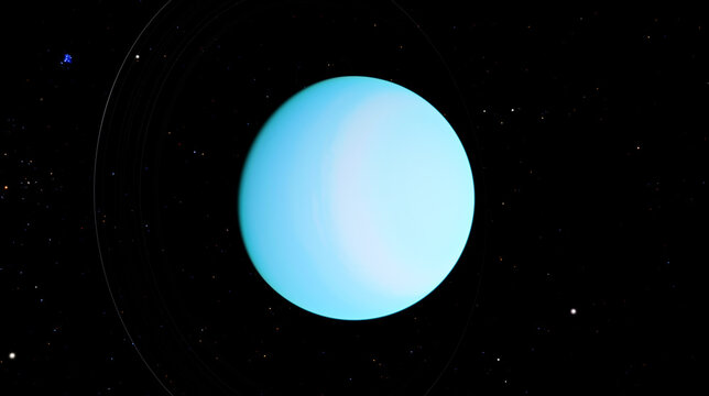 A detailed, high-resolution 3D illustration of Uranus, the pale cyan 'Ice Giant.' It emphasizes its featureless atmosphere and faint rings, showcasing its unique axial tilt in deep space.