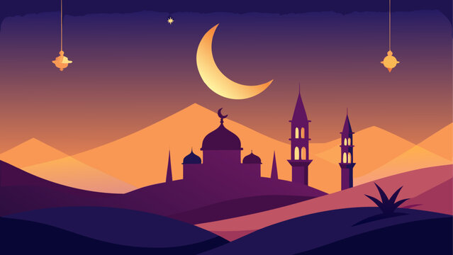 Silhouette of a mosque and minarets under a crescent moon and star filled night sky landscape view - Powered by Adobe