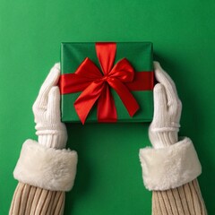Santa's gloved hands present a vibrant green Christmas gift with a bright red bow, perfect for holiday cheer and festive promotions