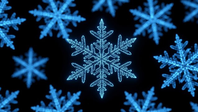 Glowing blue snowflakes against dark background