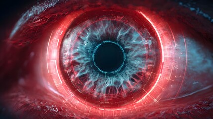 Close-up of a vibrant blue eye with a glowing red iris, symbolizing digital vision and futuristic technology.
