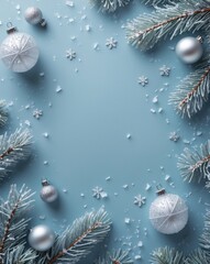 christmas background with fir branches and snow, Festive arrangement on a light blue background featuring fir branches, Christmas baubles in metallic silver and blue, and small decorative white snowfl