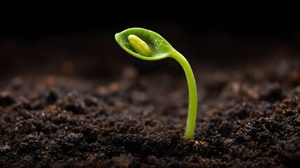 Close-up of a vibrant green seedling emerging from dark soil.