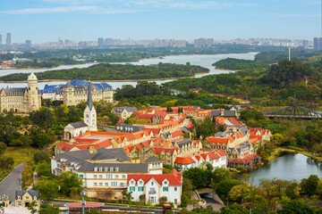 Huawei campus European town architectural complex aerial view at Songshan Lake in Dongguan, Guangdong, China