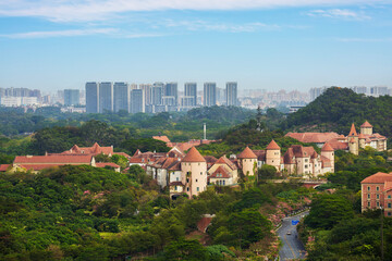 Fototapeta premium Huawei campus European town architectural complex aerial view at Songshan Lake in Dongguan, Guangdong, China