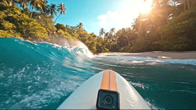 Surfing Adventure at a Tropical Beach with Waves