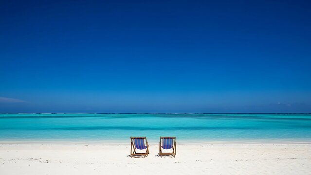 Idyllic tropical beach with two empty deck chairs on white sand and turquoise ocean.