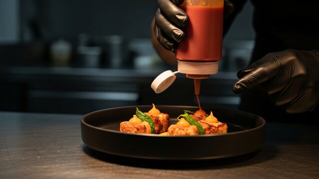 Chef meticulously plating gourmet dish with sauce in a professional kitchen.