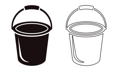 Black solid and outline bucket icons. simple silhouette and line art illustrations of a pail with handle for cleaning and household use.