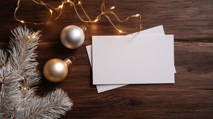 Blank Christmas card mockup with copy space on wooden table, surrounded by festive ornaments and pine branches, ideal for holiday greetings and seasonal designs