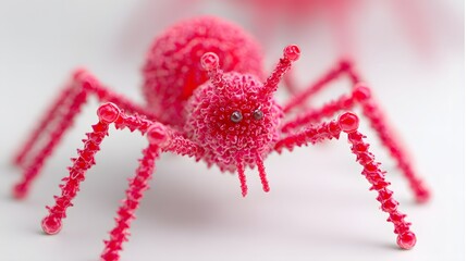 Close-up of a vibrant pink pipe cleaner spider craft on a white background.