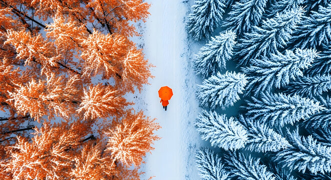 Aerial View of Person with Orange Umbrella on Snowy Path Between Vibrant Autumn Trees and Frosty Winter Firs, Ideal for Seasonal Backgrounds, Wallpapers, and Banners