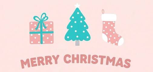 Fototapeta premium Cute merry christmas illustration with a gift box, christmas tree, and stocking on a light pink background, perfect for holiday greetings and festive designs
