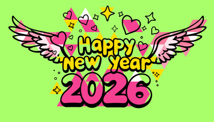A vibrant and playful image wishing a happy new year 2026. Features bright colors, cartoonish wings, hearts, stars, and geometric shapes, creating a fun and festive design.