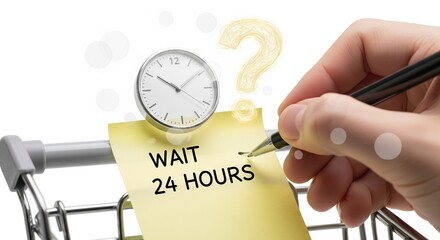 Hand writing ?Wait 24 Hours? note on sticky pad beside shopping cart, surreal floating clock and question mark