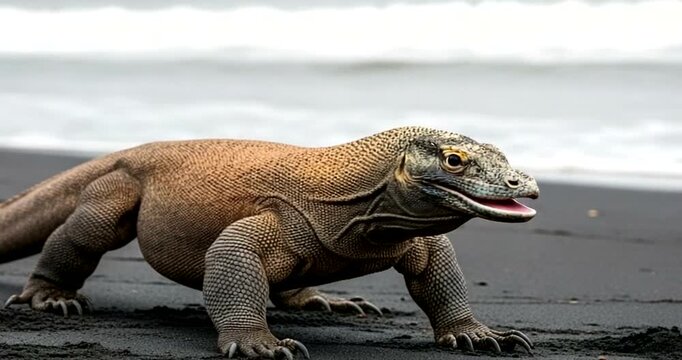 Komodo dragon lizard walking on dark sand beach near ocean