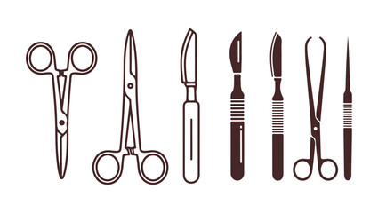 Surgical tools depicted as a line and solid icon. Medical instruments like scissors and a scalpel. A health care vector design idea, featuring an outline style pictogram on a white background.