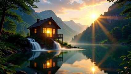Sunset cabin by calm lake with waterfall and mountains