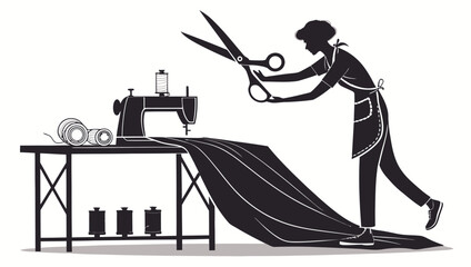 Creative tailor fashioning fabric at sewing machine with scissors, professional dressmaker at work, crafting bespoke clothing with skill and precision