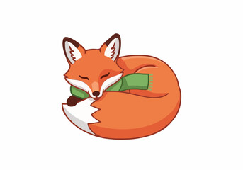 Cute sleeping fox curled up wearing green winter scarf cozy animal mascot vector illustration