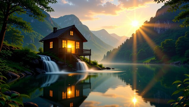 Sunset cabin by calm lake with waterfall and mountains