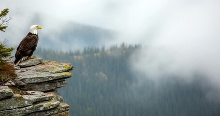 Bald eagle perched on rocky cliff overlooking foggy mountain forest - Powered by Adobe