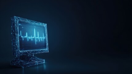 A glowing wireframe monitor displaying a digital EKG readout against a dark background, representing healthcare and medical technology. ..Created with Generative AI, not depicting real subjects.