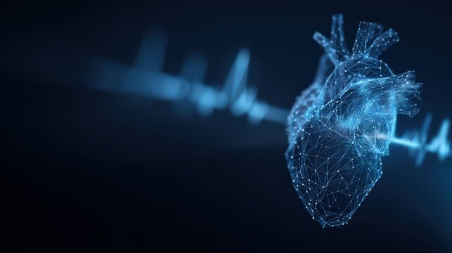 An abstract representation of the human heart, depicted with intricate detail, overlaid with an undulating waveform. ..Created with Generative AI, not depicting real subjects.