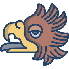 Stylized Eagle Head Emblem in Brown Yellow and Blue with Open Beak and Feather Details on Transparent Background