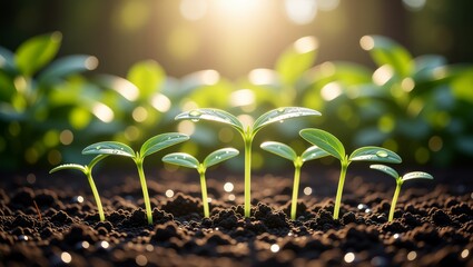 Young seedlings with water droplets in soil