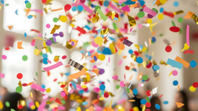 Colorful confetti raining down in celebration against a softly blurred background, creating a festive and joyous atmosphere