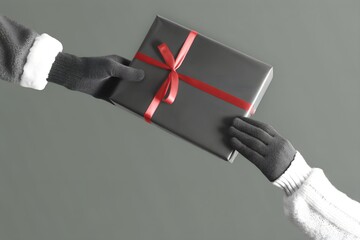 Elegant gift box with red ribbon being exchanged between two people in a festive moment of sharing and celebration during the holidays