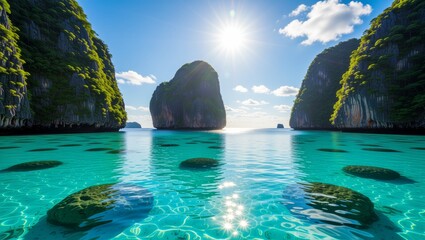 Obraz premium Turquoise sea between rocky islands under bright sun