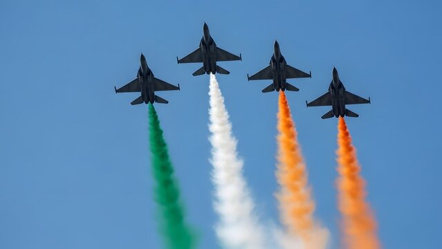 Indian air force jets perform aerobatic maneuvers with tricolor smoke trails