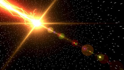 Cosmic explosion with radiant light rays and starfield