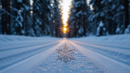 A beautiful snowflake rests on a snowcovered road, leading towards a radiant sunset peeking through a dense forest of frosted trees, creating a magical winter landscape